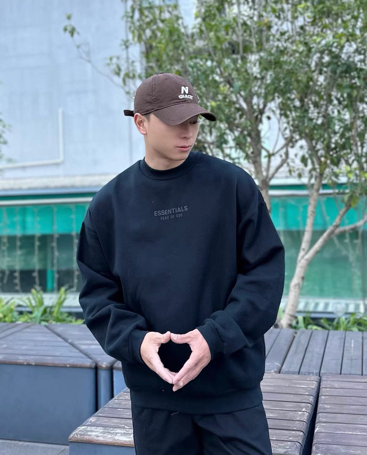 ESS Letter Fog Loose Fleece-lined Crew Neck Pullover Sweatshirt American Fashion Brand Men