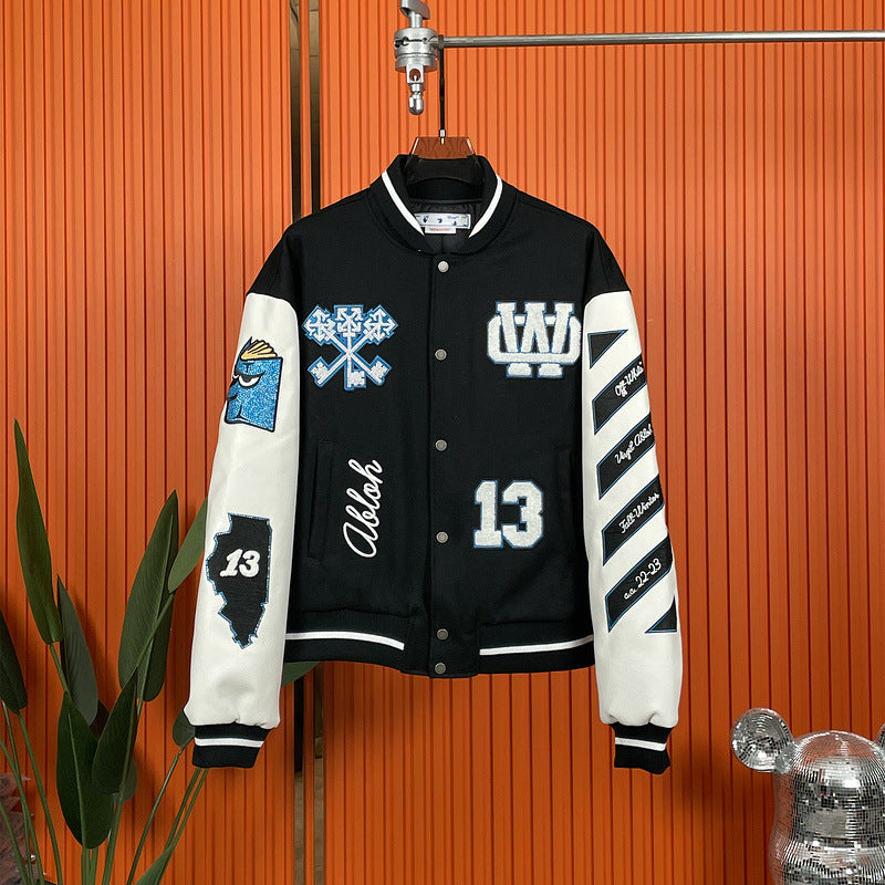 Off-White Patchwork Baseball Jacket Unisex Youth Street Fashion Jacket Coat