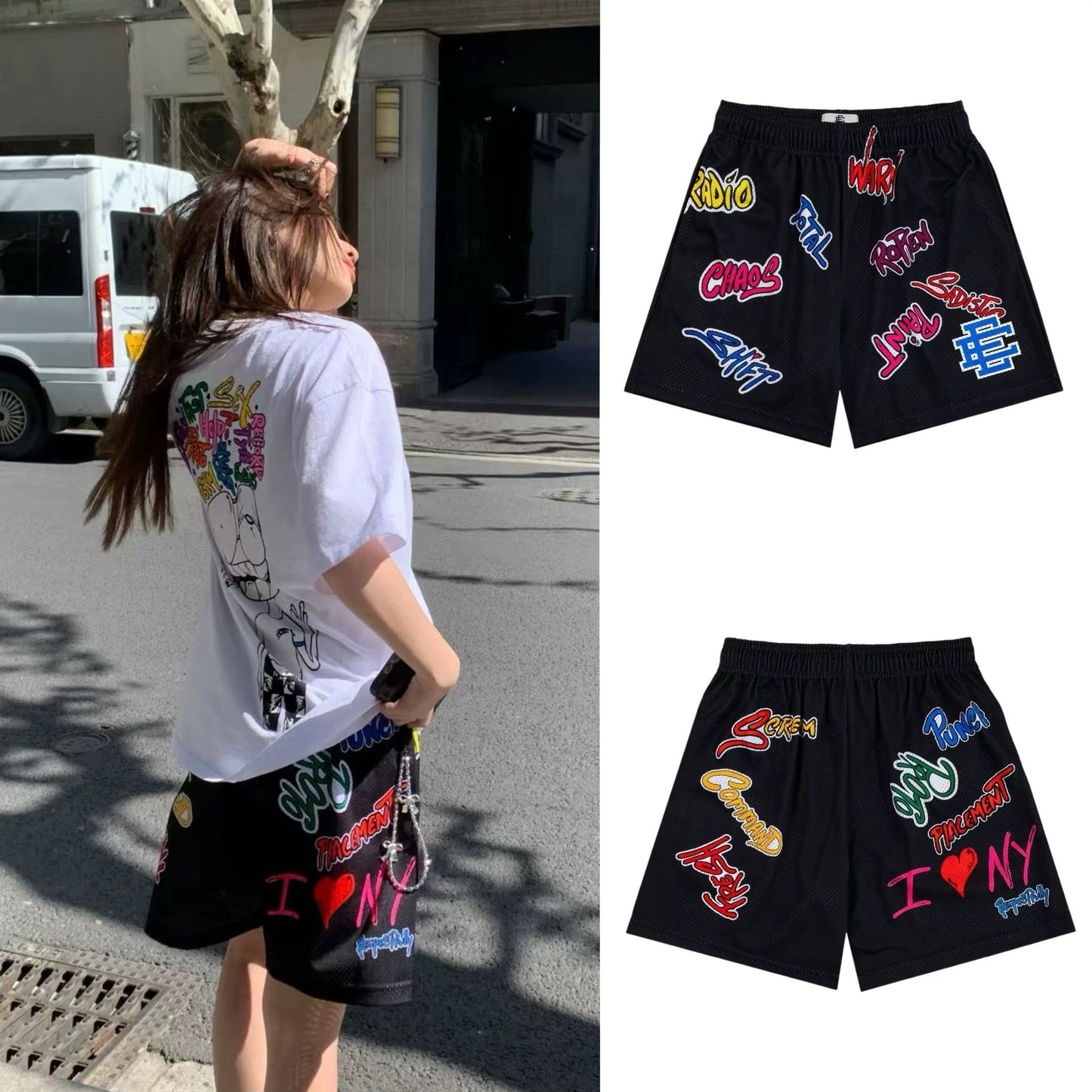 EE Black Graffiti Mesh Sports Shorts for Men