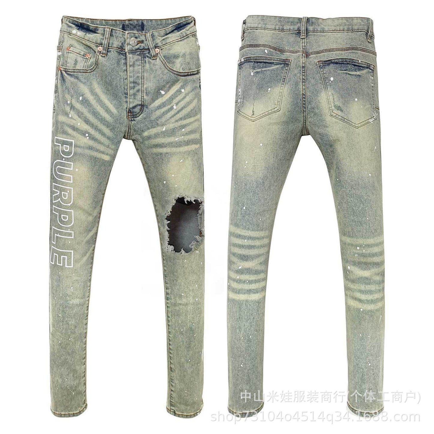 Pp6610 Purple Jeans American Style Hip Hop Ripped Splash-Ink Jeans