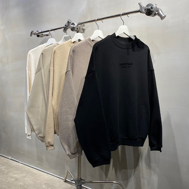 ESS Letter Fog Loose Fleece-lined Crew Neck Pullover Sweatshirt American Fashion Brand Men