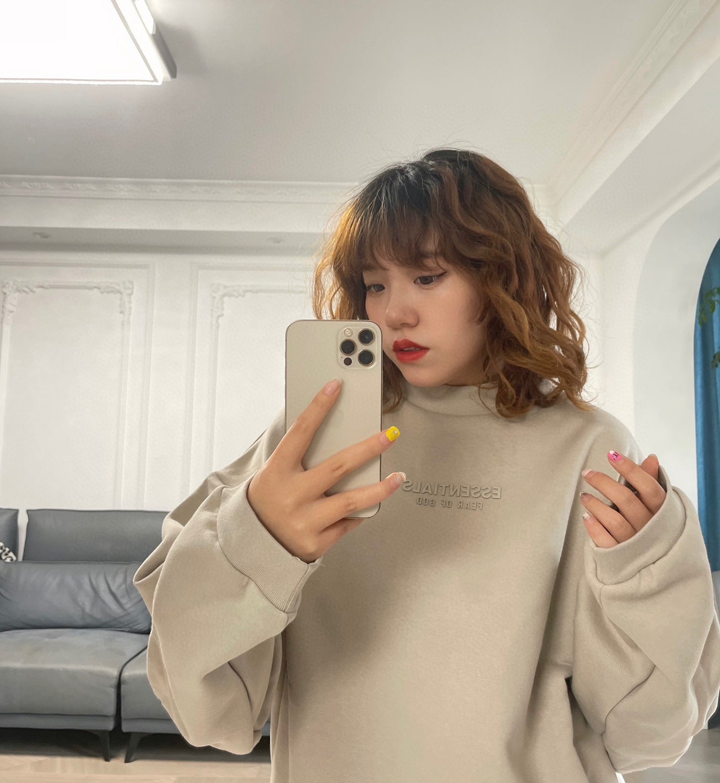 ESS Letter Fog Loose Fleece-lined Crew Neck Pullover Sweatshirt American Fashion Brand Men