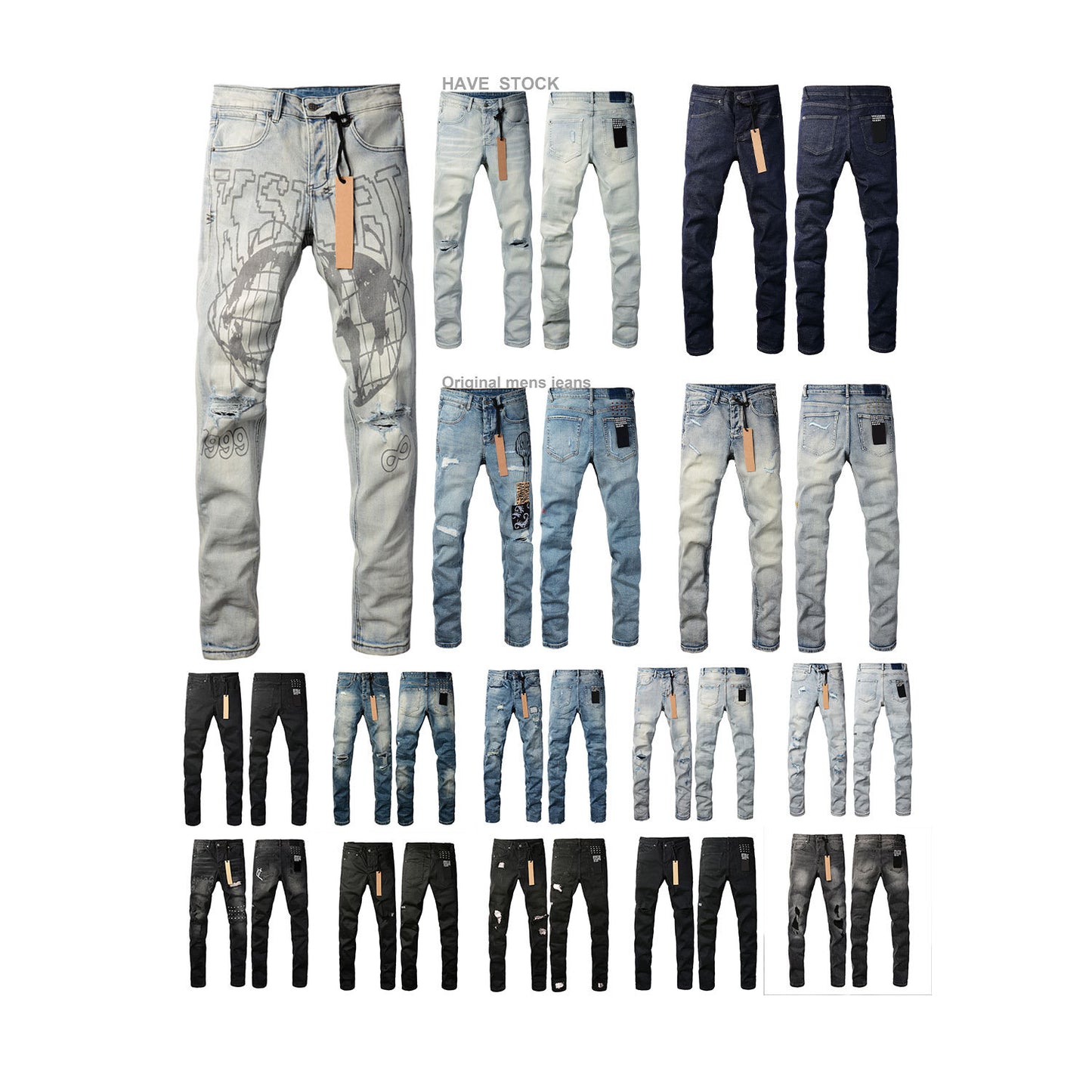 KSB Jeans Straight Ripped Stretch American High Street Casual Men's Jeans