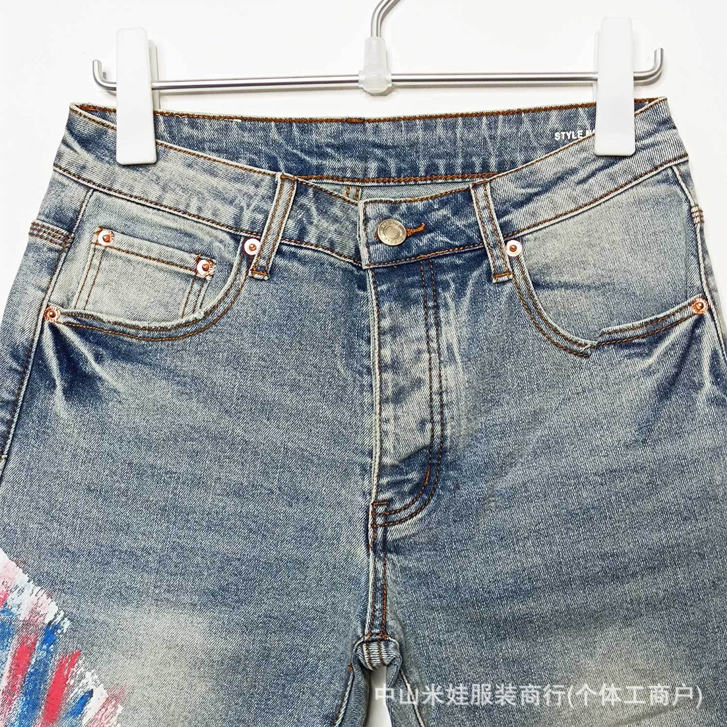 Purple Jeans Five-Point Loose Fit Versatile PU Ink-Splashed Denim Shorts