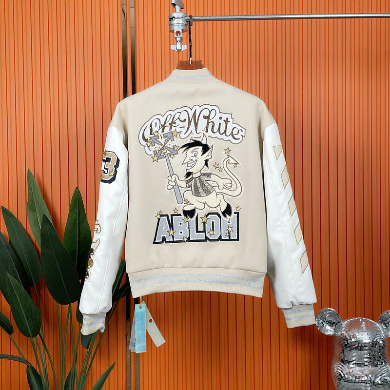 Off-White Patchwork Baseball Jacket Unisex Youth Street Fashion Jacket Coat