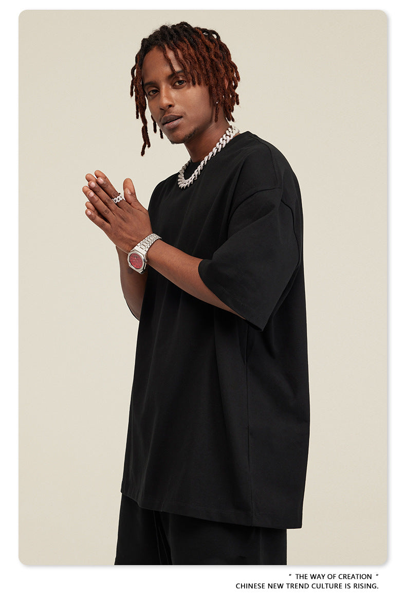 Be Men's 2024 Spring and Summer 305G Heavy T-shirt Men's American Cotton Fashion Brand Solid Color Short Sleeve Teen T-shirt