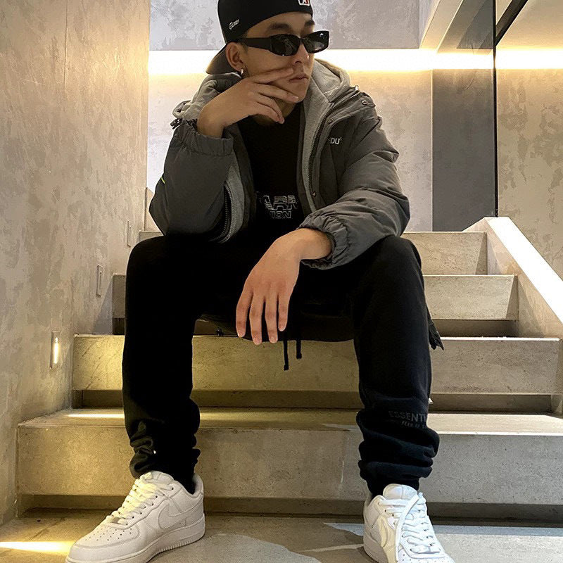 Top ESS **Fog Ankle-Tied Flocking Letter High Street Fleece-lined Loose Casual Sweatpants Trousers