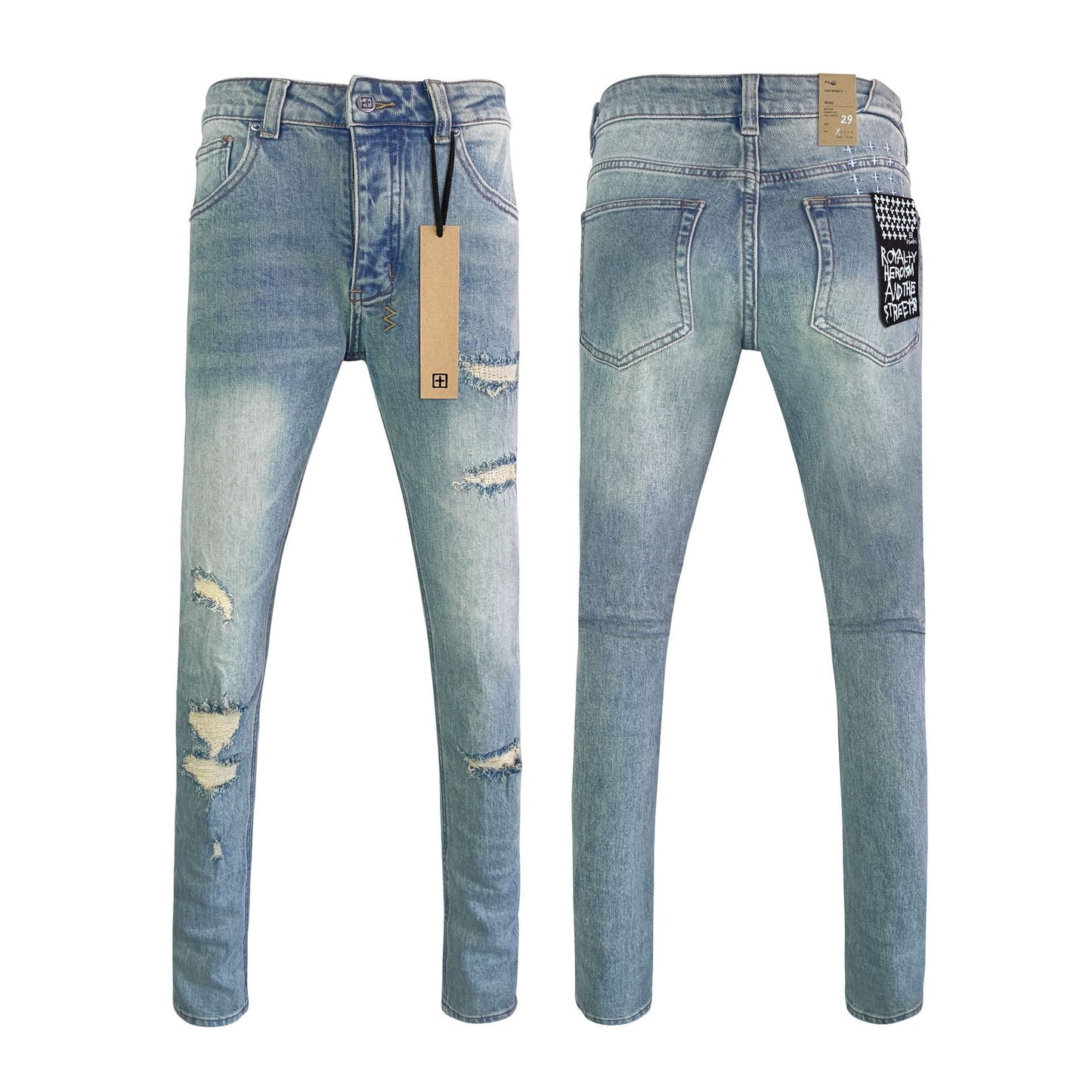 KSB Jeans Straight Ripped Stretch American High Street Casual Men's Jeans