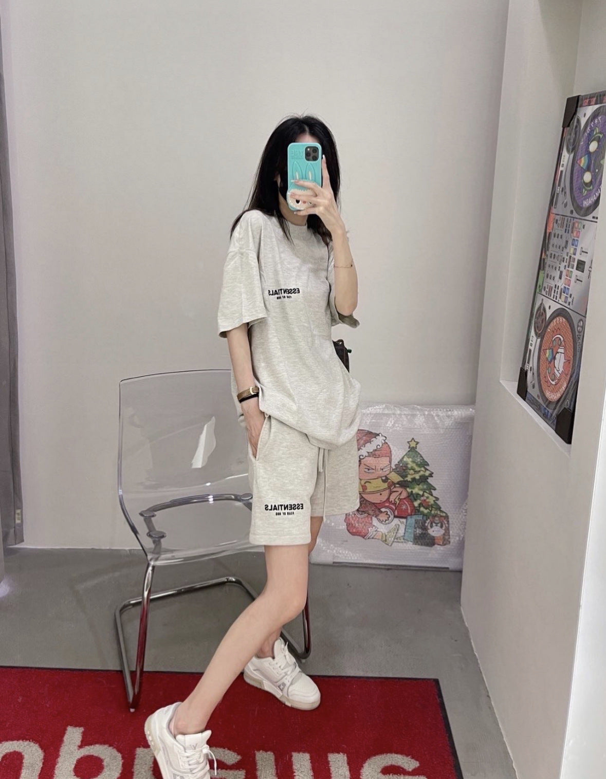 Top ESS Front and Rear Three-Dimensional Flocking Letters 100% Cotton round Neck Loose Couple Short Sleeve T-shirt