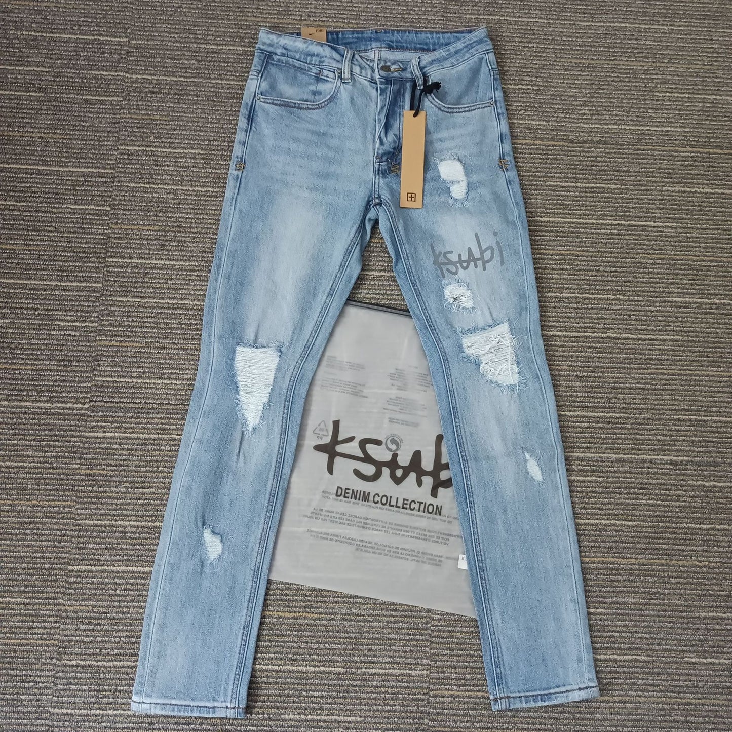 KSB Jeans Straight Ripped Stretch American High Street Casual Men's Jeans