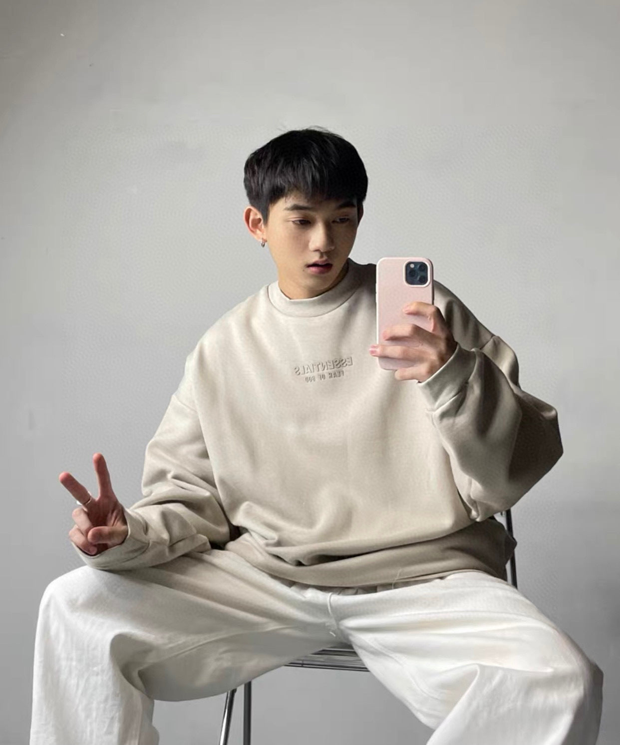 ESS Letter Fog Loose Fleece-lined Crew Neck Pullover Sweatshirt American Fashion Brand Men