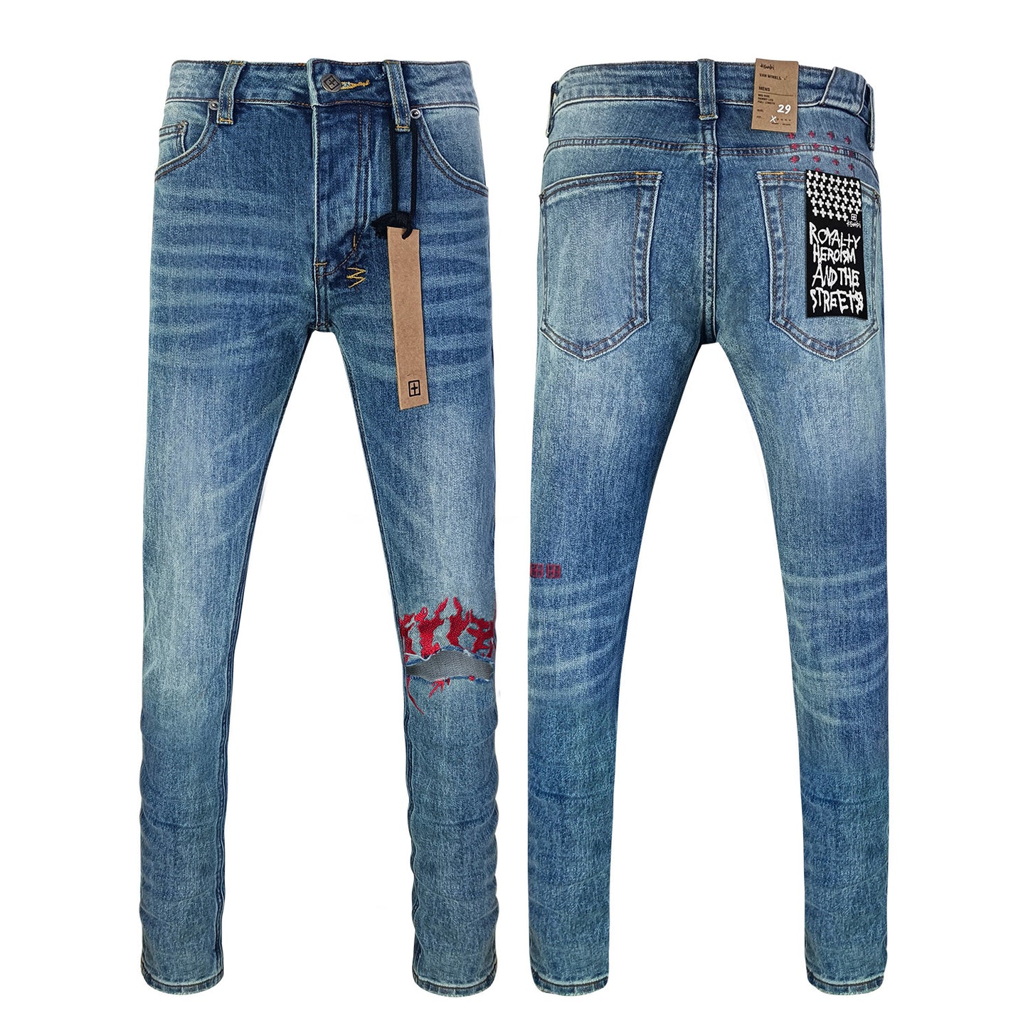KSB Jeans Straight Ripped Stretch American High Street Casual Men's Jeans