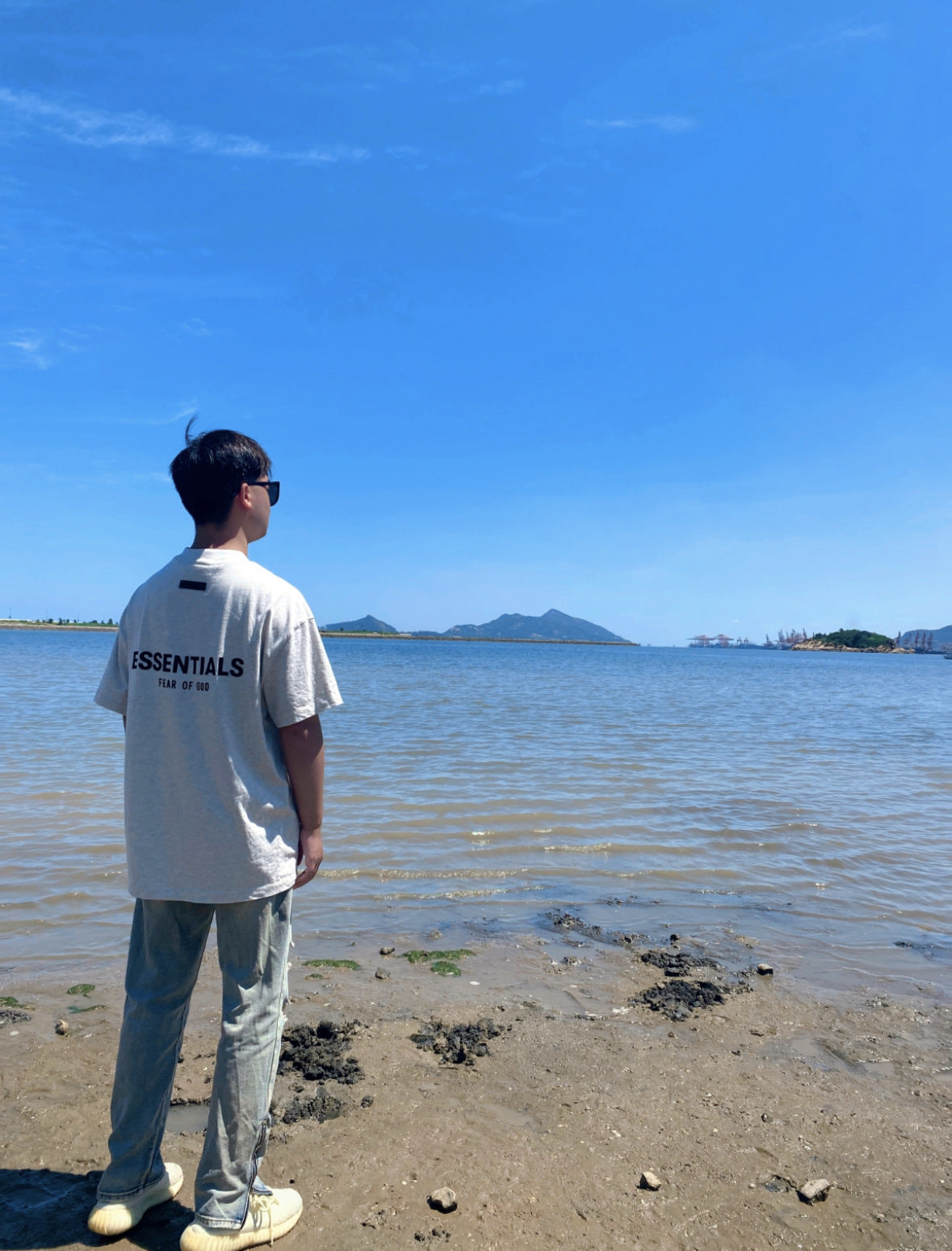 Top ESS Front and Rear Three-Dimensional Flocking Letters 100% Cotton round Neck Loose Couple Short Sleeve T-shirt