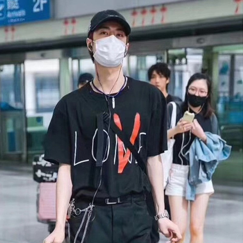 Wholesale Same style as wang yibo lone Short-sleeved with a large back v Reflective Rhinestone Devil Angel Couple Outfit Loose Fit T Shirt