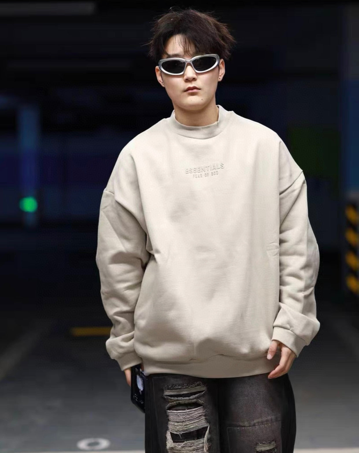 ESS Letter Fog Loose Fleece-lined Crew Neck Pullover Sweatshirt American Fashion Brand Men