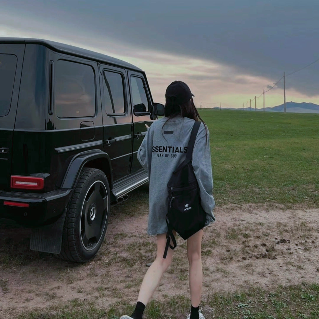 Top Essentials Flocking Letter Crew Neck 100% Cotton Long Sleeve T-shirt Fog Men and Women