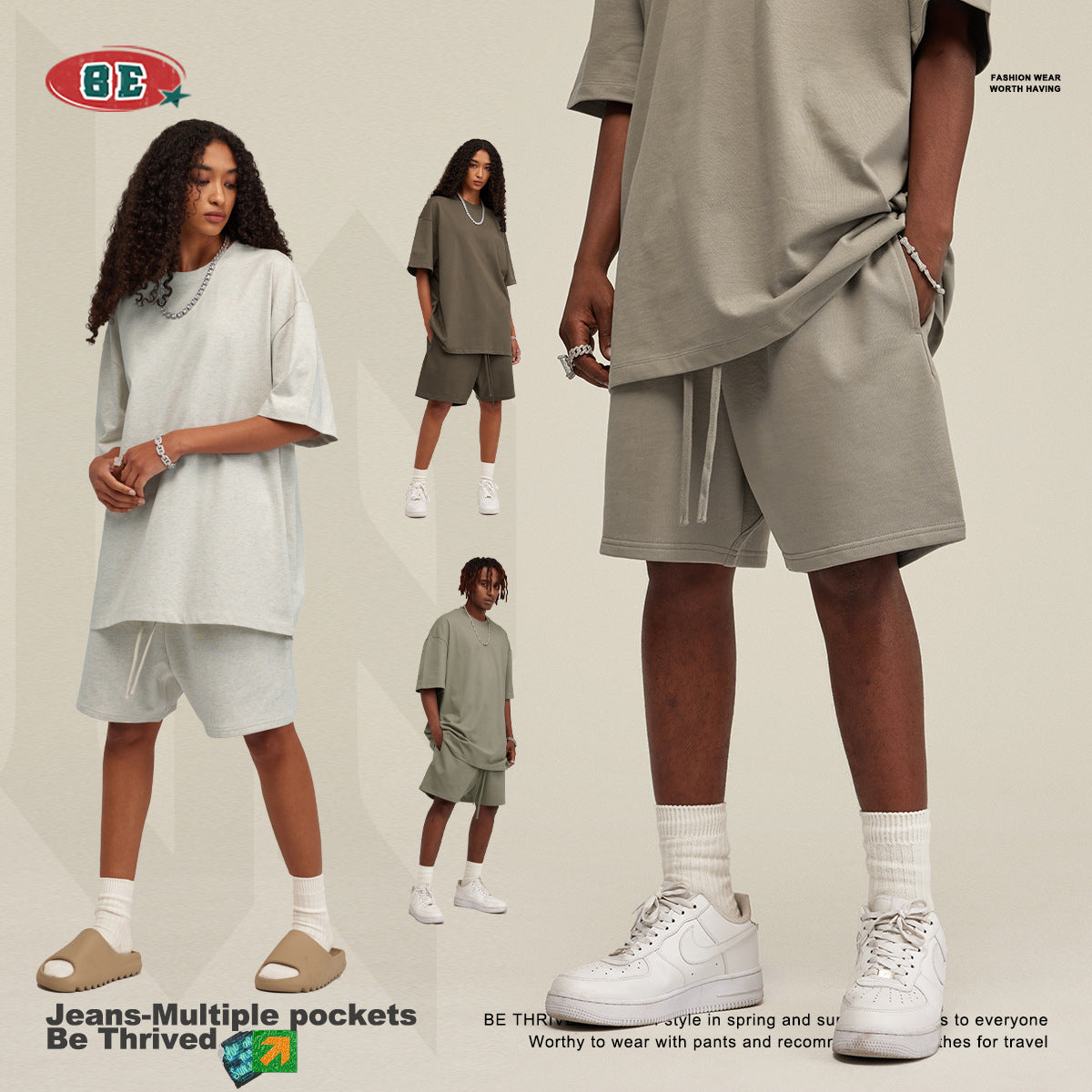 Be Men's 2024 Heavy Fog Teen Fashion Brand Men's Loose Cropped Pants Men's Sports Casual Shorts Summer