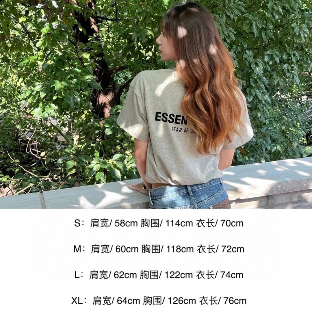 Top ESS Front and Rear Three-Dimensional Flocking Letters 100% Cotton round Neck Loose Couple Short Sleeve T-shirt