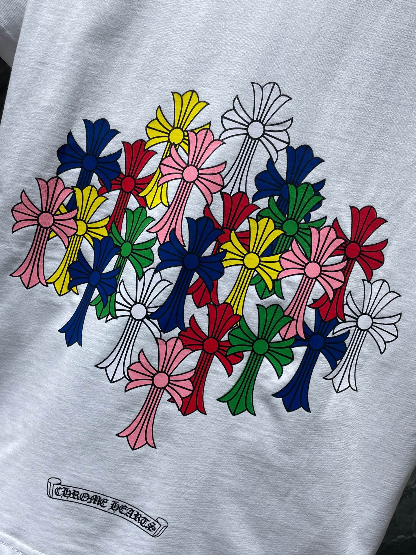 Chrome Hearts Letter Colorful Cross Flower Arm Double Yarn Short Sleeve T-Shirt for Men