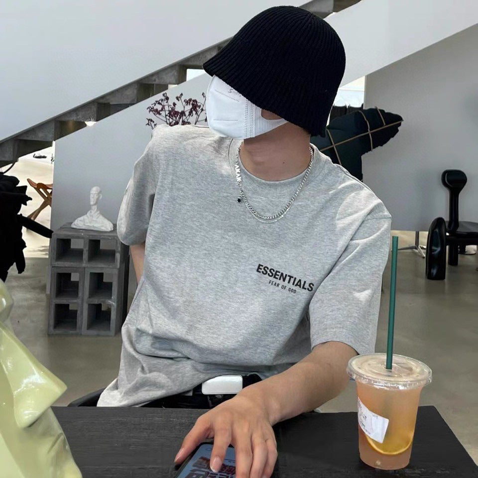 Top ESS Front and Rear Three-Dimensional Flocking Letters 100% Cotton round Neck Loose Couple Short Sleeve T-shirt