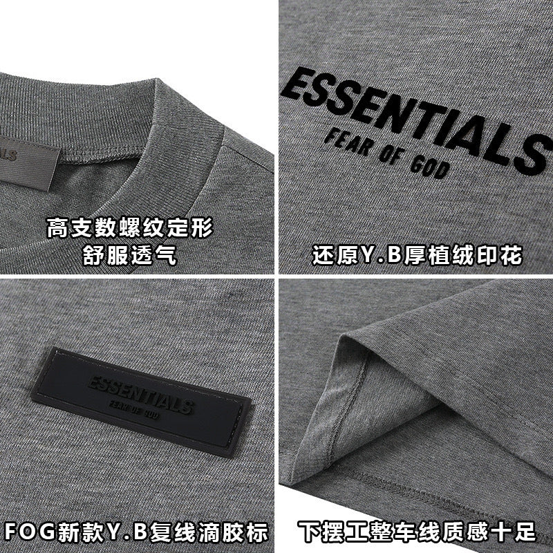 Top ESS Front and Rear Three-Dimensional Flocking Letters 100% Cotton round Neck Loose Couple Short Sleeve T-shirt