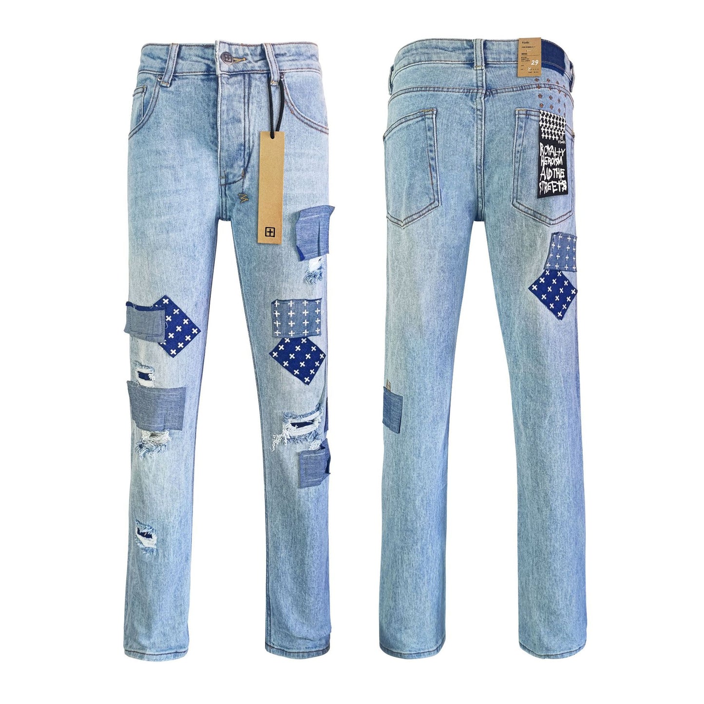 KSB Jeans Straight Ripped Stretch American High Street Casual Men's Jeans