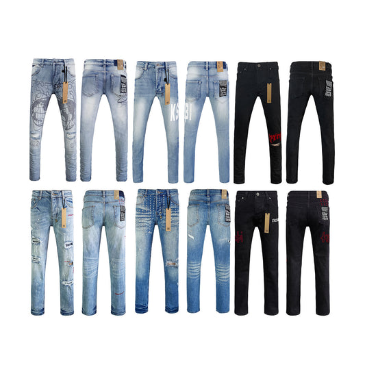 Ksb301 Jeans Straight Ripped Stretch American High Street Casual Men's Jeans