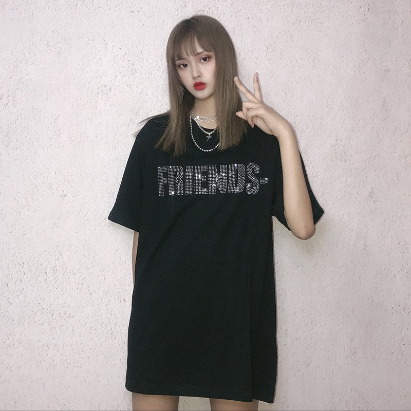 Wholesale Same style as wang yibo lone Short-sleeved with a large back v Reflective Rhinestone Devil Angel Couple Outfit Loose Fit T Shirt