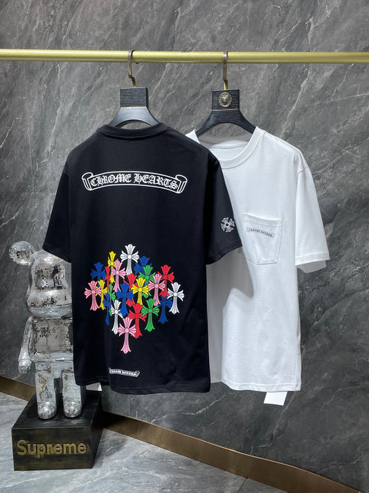 Chrome Hearts Letter Colorful Cross Flower Arm Double Yarn Short Sleeve T-Shirt for Men