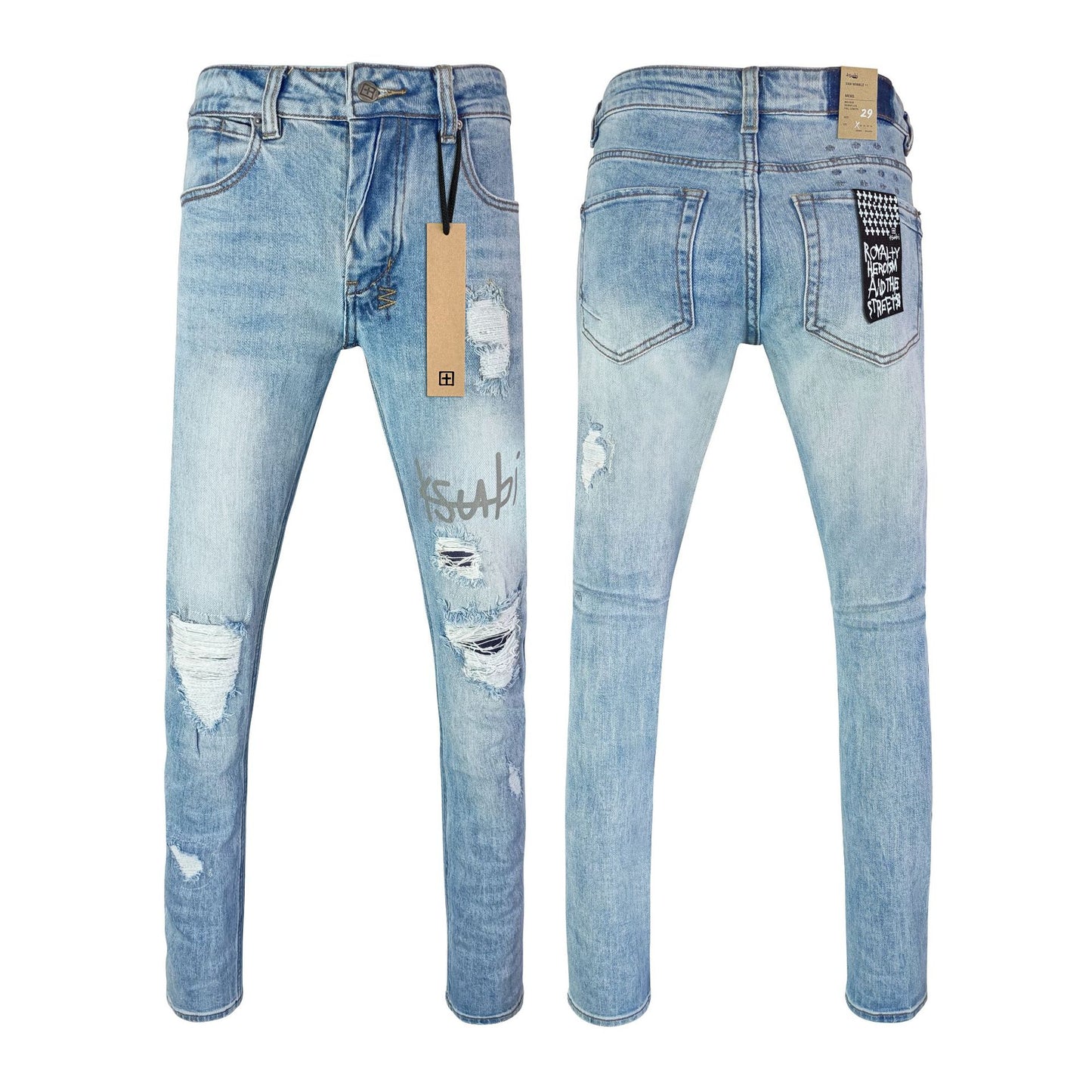 KSB Jeans Straight Ripped Stretch American High Street Casual Men's Jeans