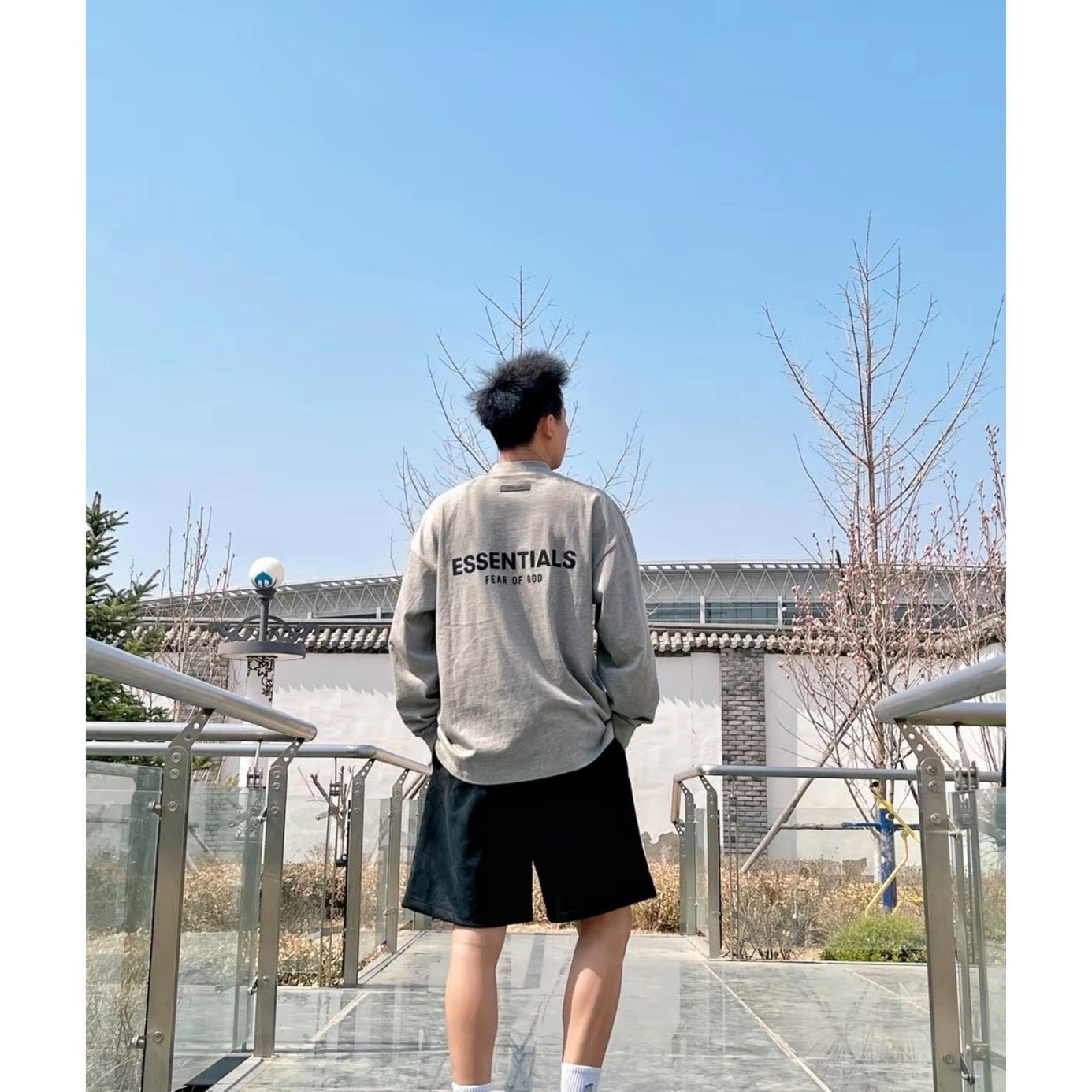 Top Essentials Flocking Letter Crew Neck 100% Cotton Long Sleeve T-shirt Fog Men and Women