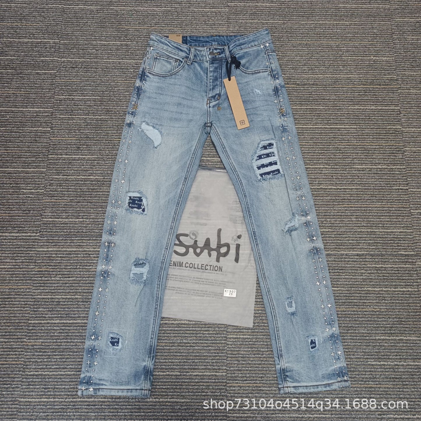 Ksb301 Jeans Straight Ripped Stretch American High Street Casual Men's Jeans