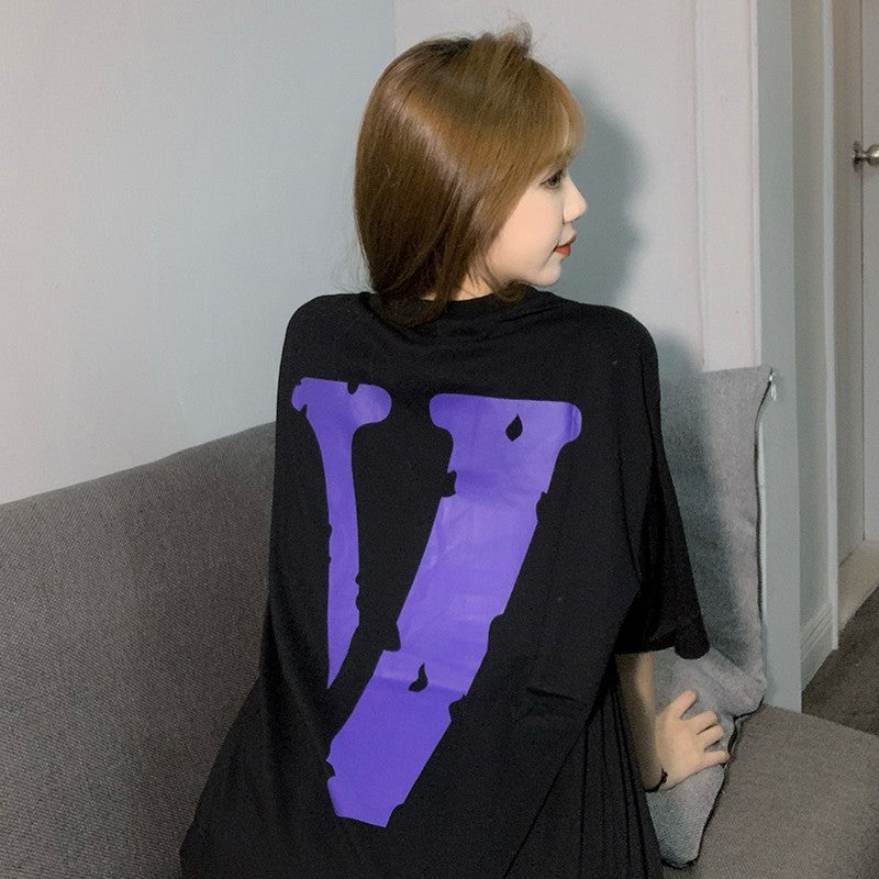 Wholesale Same style as wang yibo lone Short-sleeved with a large back v Reflective Rhinestone Devil Angel Couple Outfit Loose Fit T Shirt