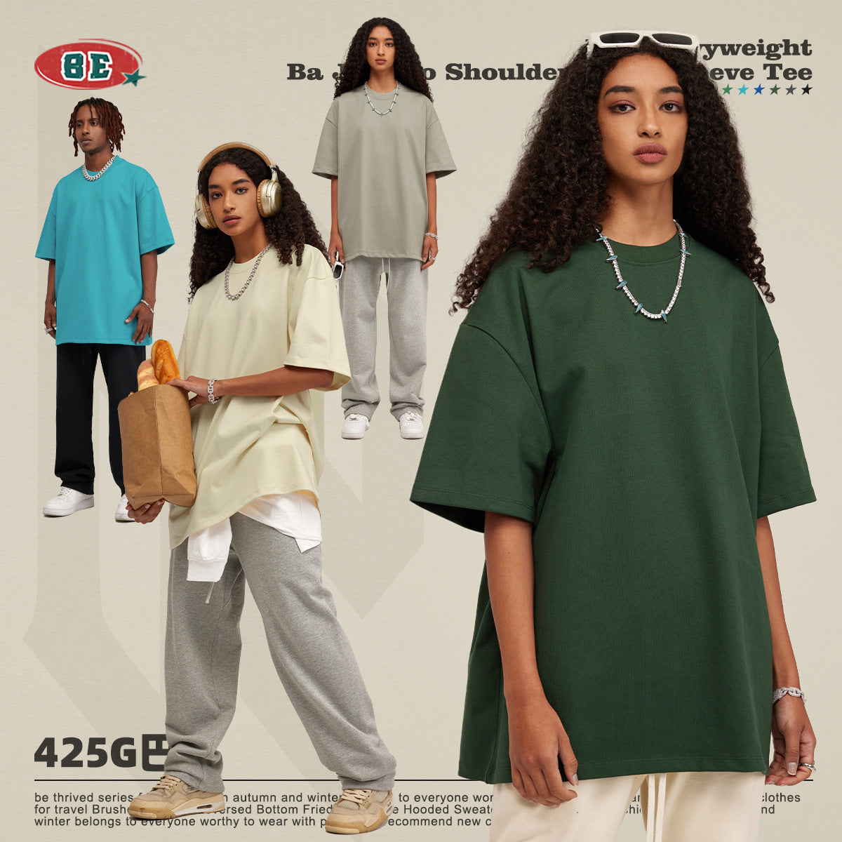 Be Men's 2024 Bashi Cotton T-shirt Heavy Loose Teen Short-Sleeved Men's T Summer Fashion Brand Short Sleeve T-shirt Men's