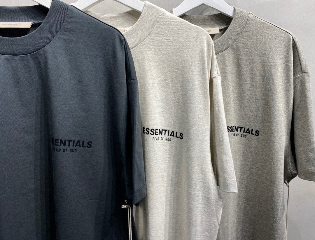 Top ESS Front and Rear Three-Dimensional Flocking Letters 100% Cotton round Neck Loose Couple Short Sleeve T-shirt