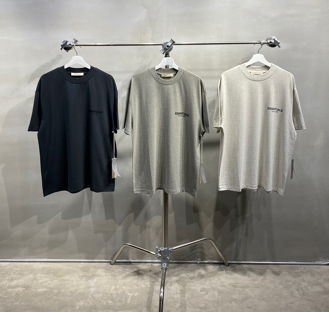 Top ESS Front and Rear Three-Dimensional Flocking Letters 100% Cotton round Neck Loose Couple Short Sleeve T-shirt