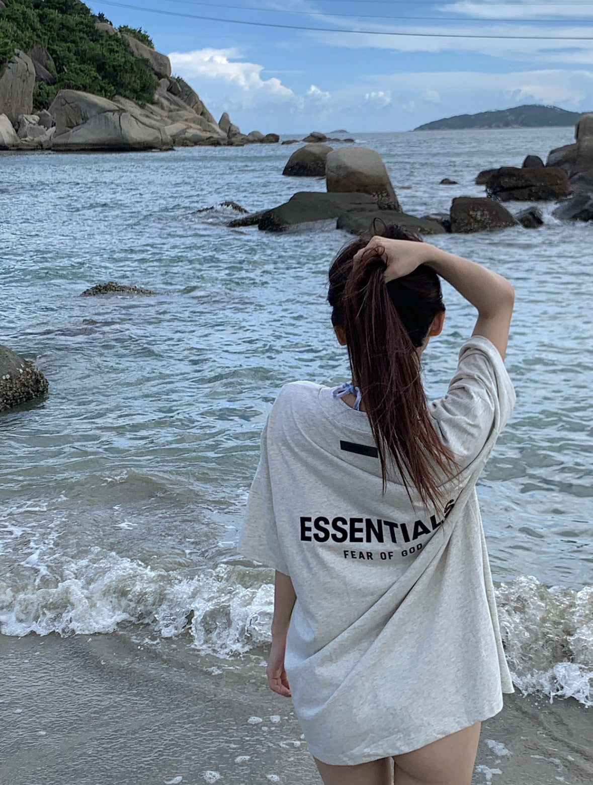 Top ESS Front and Rear Three-Dimensional Flocking Letters 100% Cotton round Neck Loose Couple Short Sleeve T-shirt