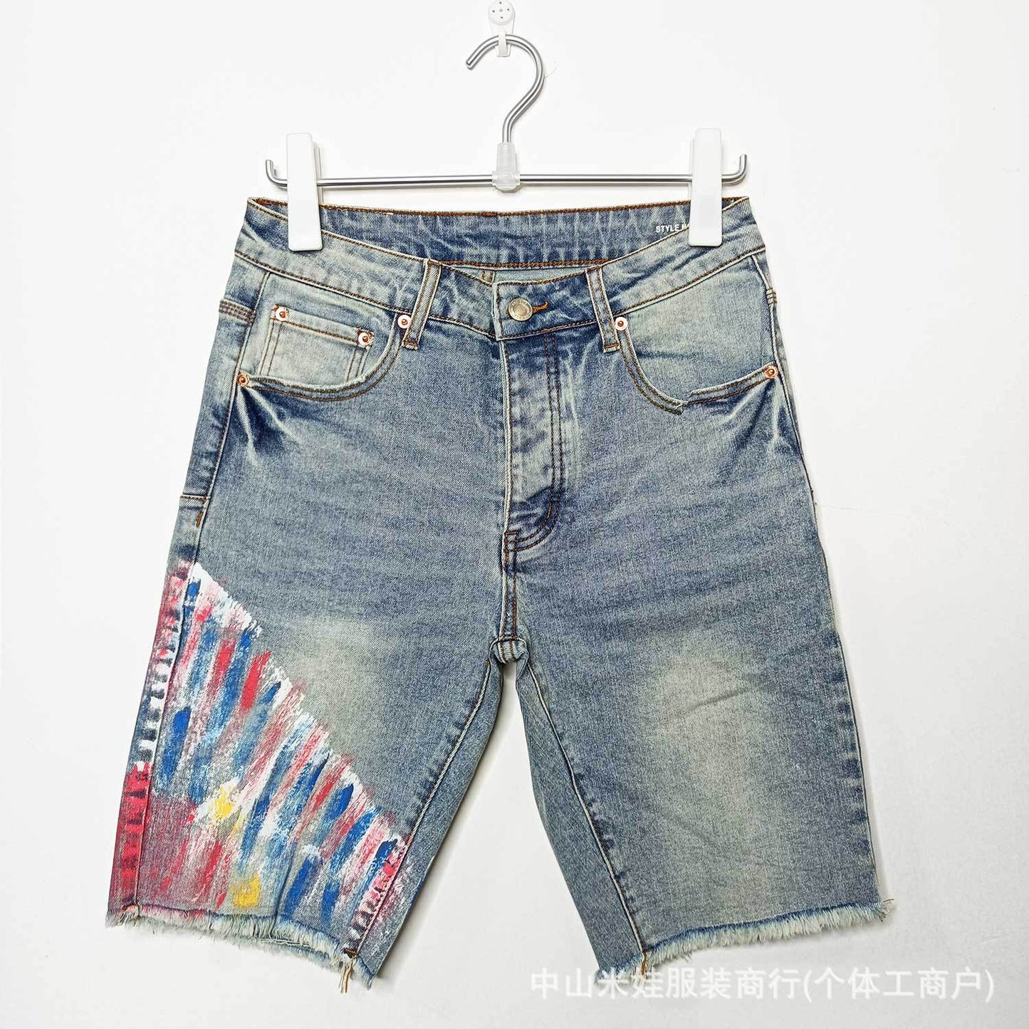 Purple Jeans Five-Point Loose Fit Versatile PU Ink-Splashed Denim Shorts