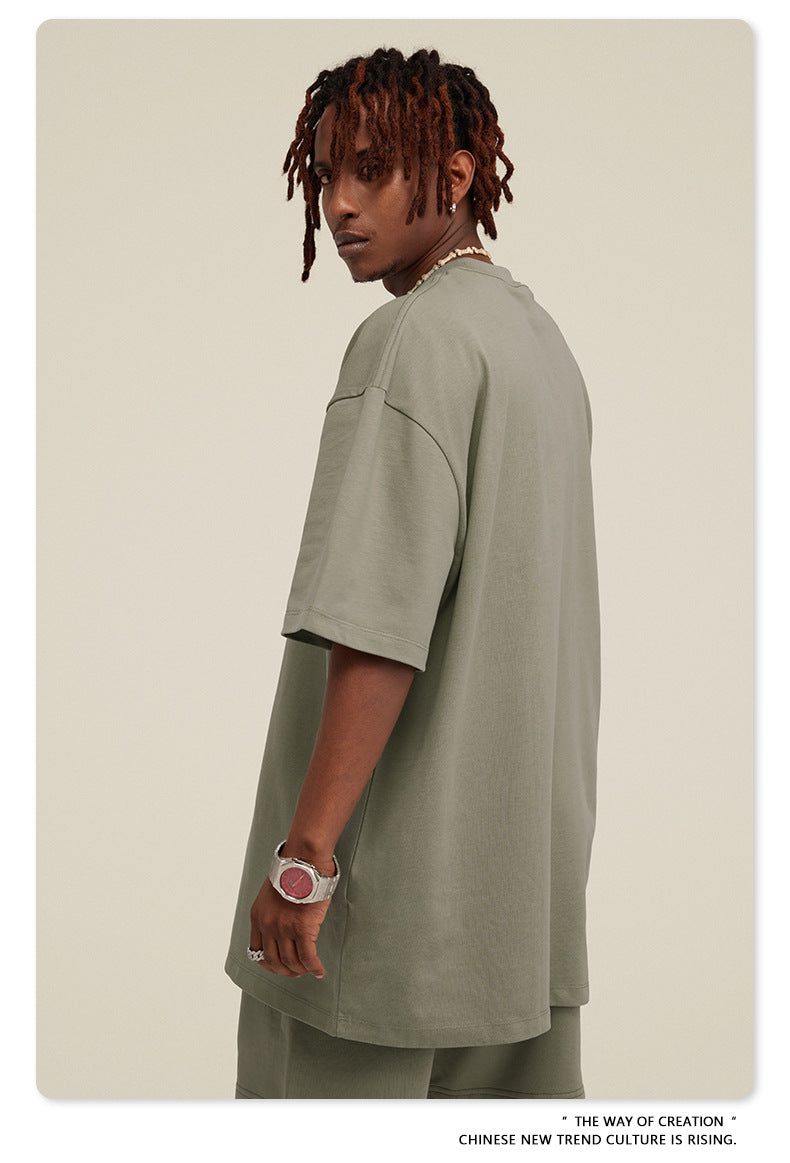 Be Men's 2024 Spring and Summer 305G Heavy T-shirt Men's American Cotton Fashion Brand Solid Color Short Sleeve Teen T-shirt