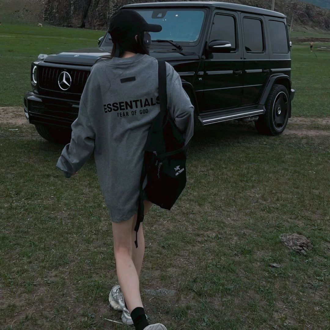 Top Essentials Flocking Letter Crew Neck 100% Cotton Long Sleeve T-shirt Fog Men and Women