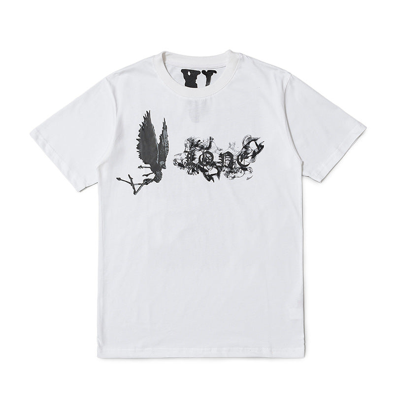 Wholesale Same style as wang yibo lone Short-sleeved with a large back v Reflective Rhinestone Devil Angel Couple Outfit Loose Fit T Shirt