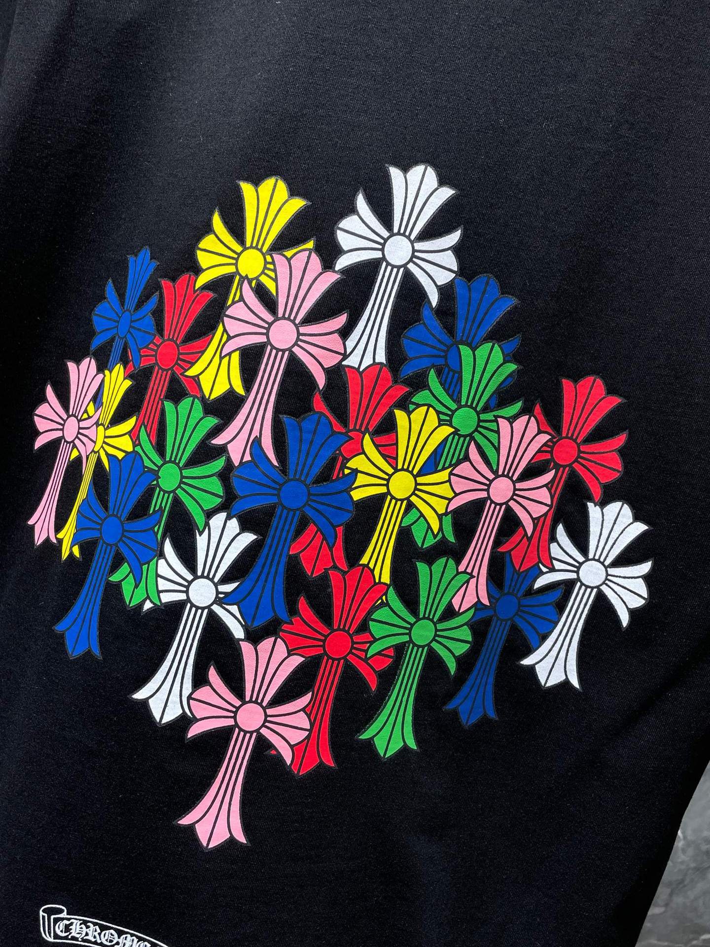 Chrome Hearts Letter Colorful Cross Flower Arm Double Yarn Short Sleeve T-Shirt for Men