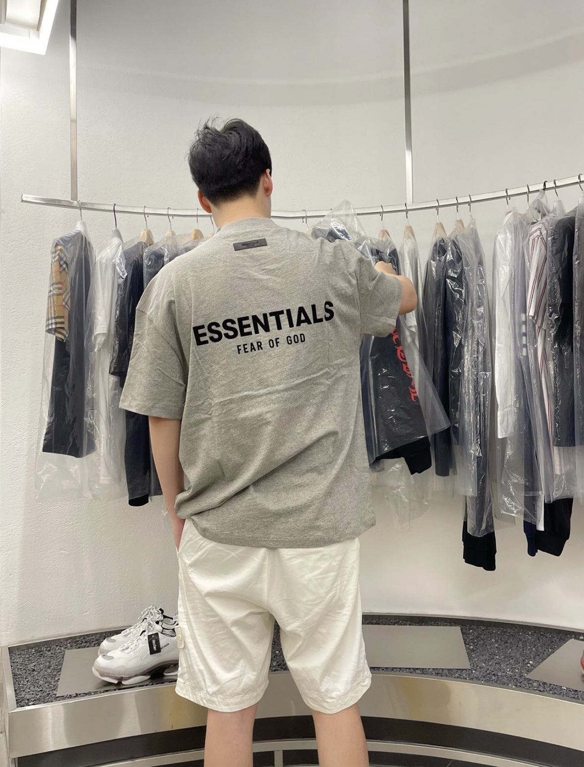 Top ESS Front and Rear Three-Dimensional Flocking Letters 100% Cotton round Neck Loose Couple Short Sleeve T-shirt